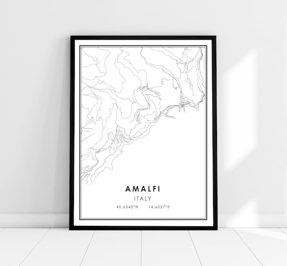 Amalfi Italy Minimalist Black and White Coastal Line Map Art Poster
