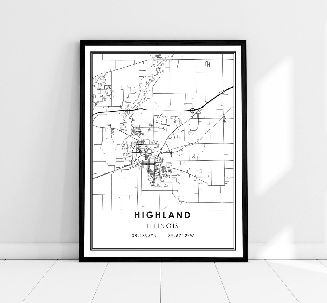 Highland Illinois Black and White Minimalist City Map Poster