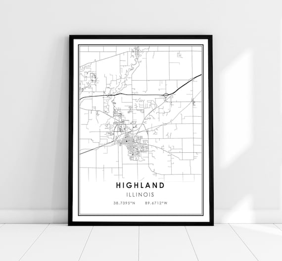 Highland Illinois Black and White Minimalist City Map Poster