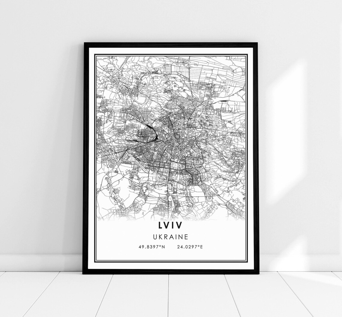 Lviv Ukraine Black and White Minimalist City Street Map Poster