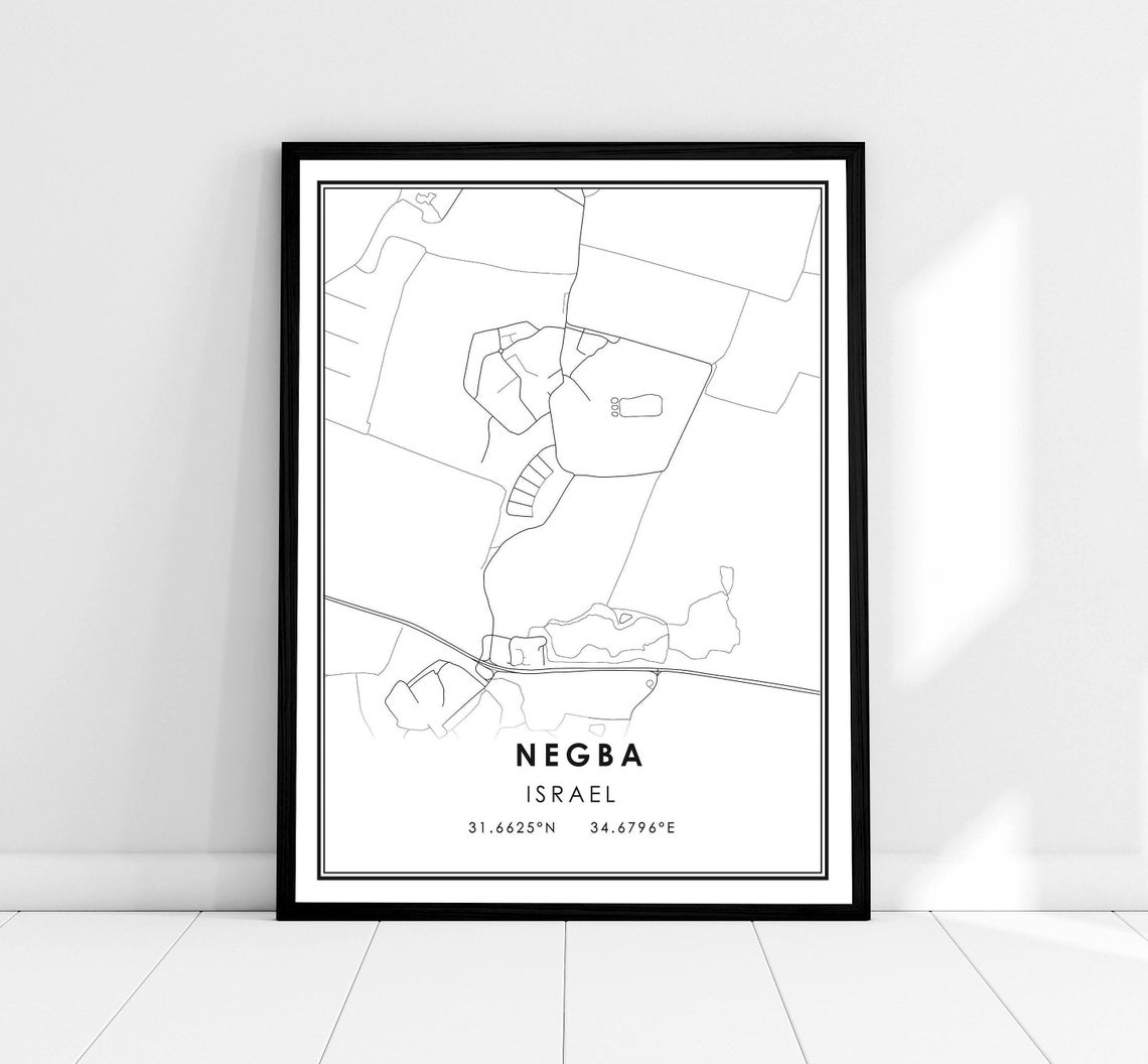 Negba Israel Minimalist City Street Map Black And White Art Print
