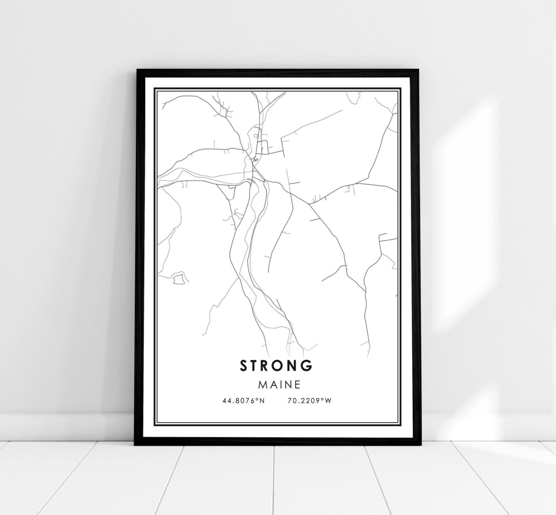 Strong Maine Minimalist City Street Map Line Art Design Poster