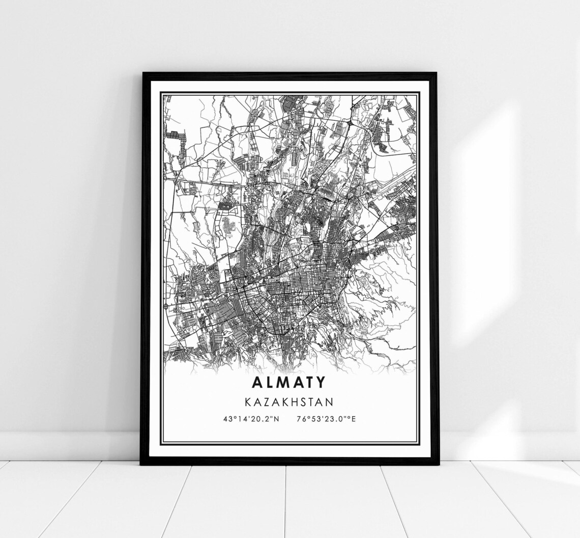 Almaty Kazakhstan Minimalist Monochrome City Street Map Print
