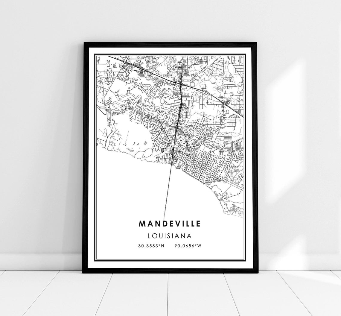 Mandeville Louisiana Black and White Lakefront Street Map Poster