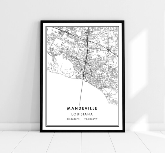 Mandeville Louisiana Black and White Lakefront Street Map Poster
