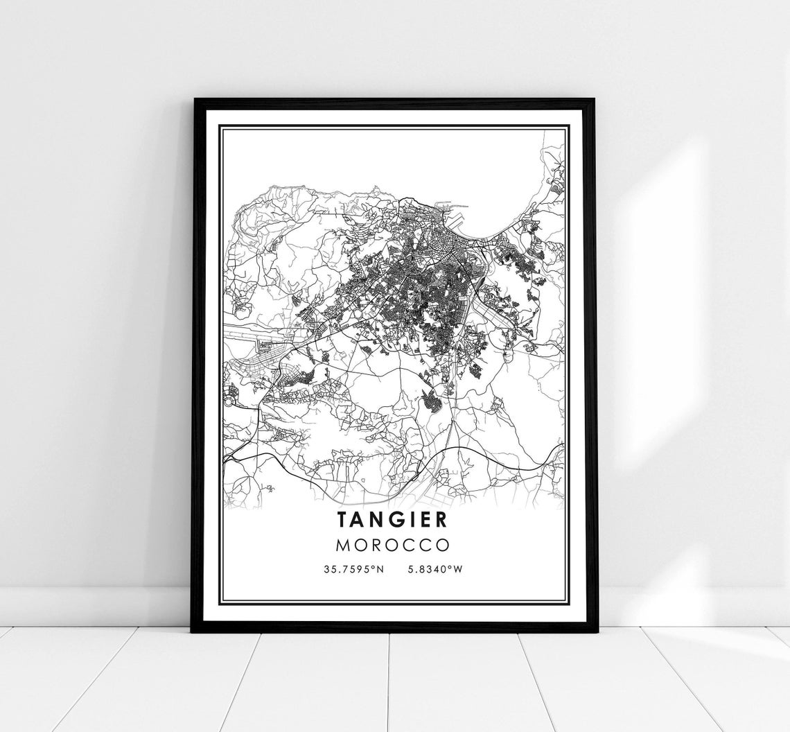 Tangier Morocco Minimalist City Map Line Art Black White Travel Poster