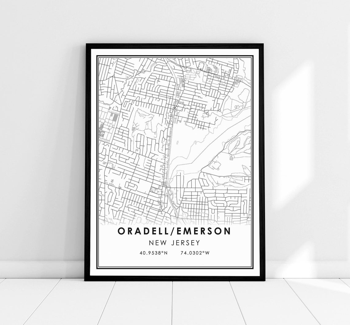 Oradell Emerson New Jersey Town Street Map Minimalist Poster