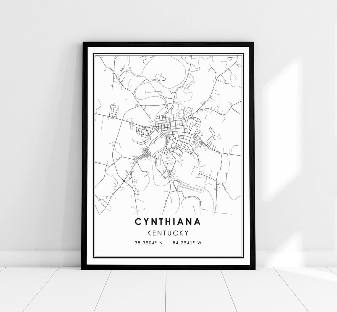 Cynthiana Kentucky Monochrome City Street Map Art Wall Poster
