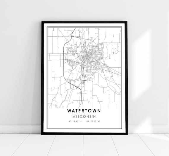 Watertown Wisconsin City Street Map Black and White Minimalist Poster