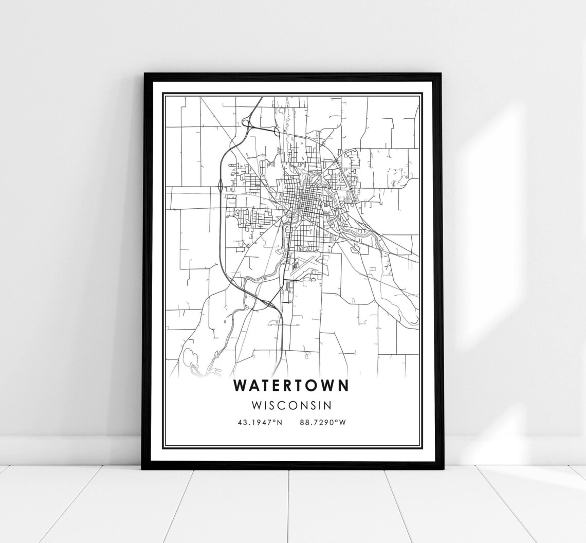 Watertown Wisconsin City Street Map Black and White Minimalist Poster