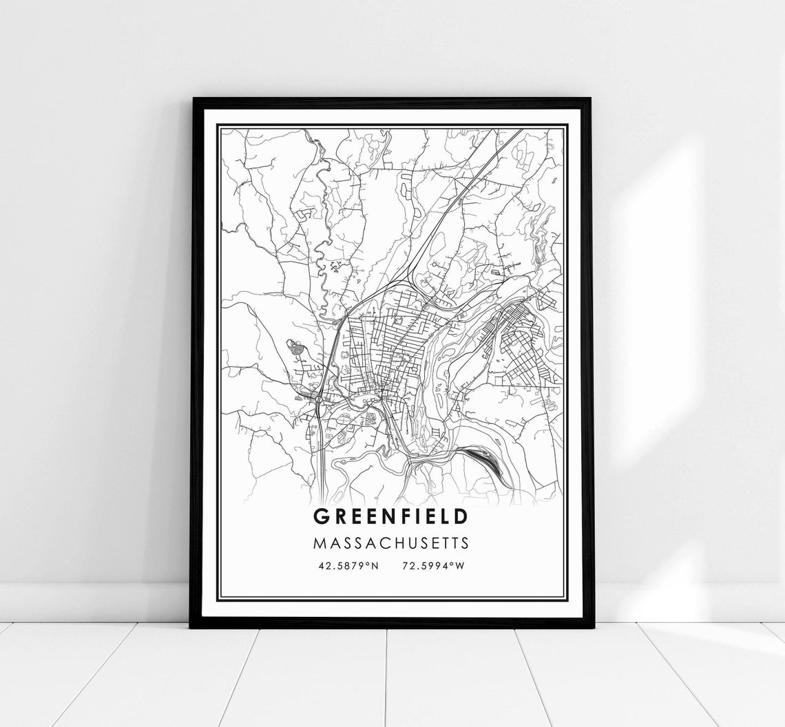 Greenfield Massachusetts Minimalist City Street Map Black White Poster