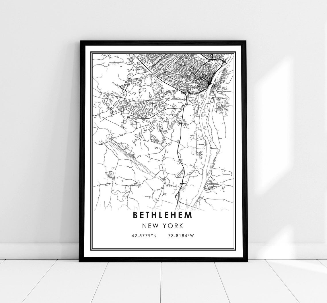 Bethlehem New York Minimalist Black White City Map Coordinates Poster