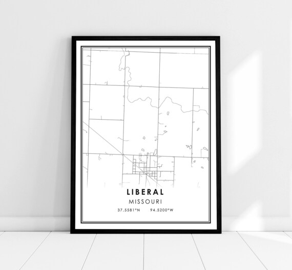 Liberal Missouri Town Street Map With Coordinates Wall Poster