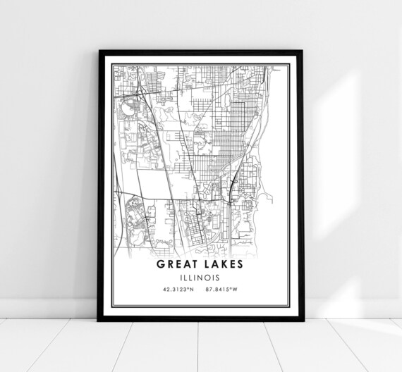 Great Lakes Illinois Street Map Black White City Coordinates Poster