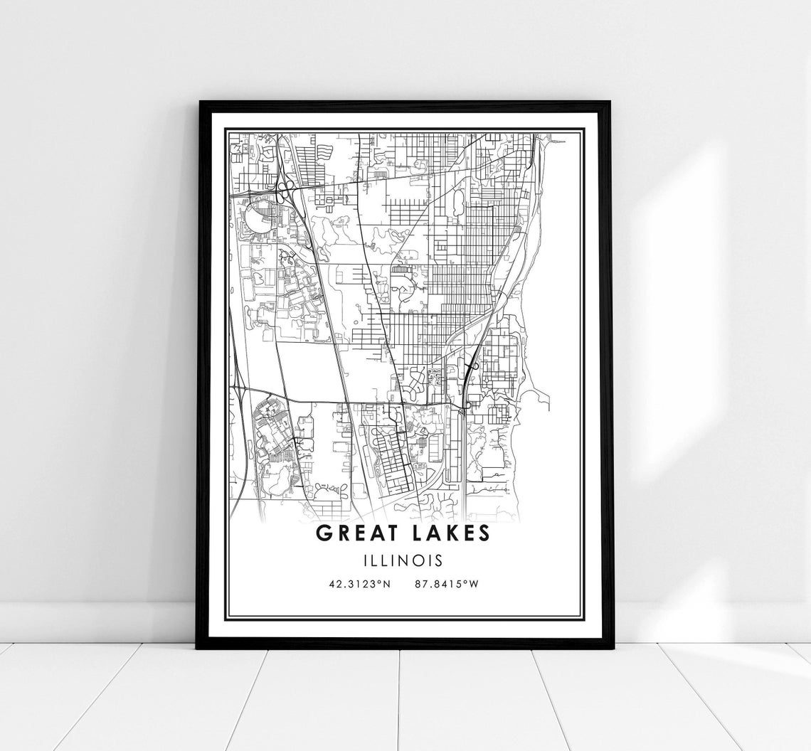 Great Lakes Illinois Street Map Black White City Coordinates Poster