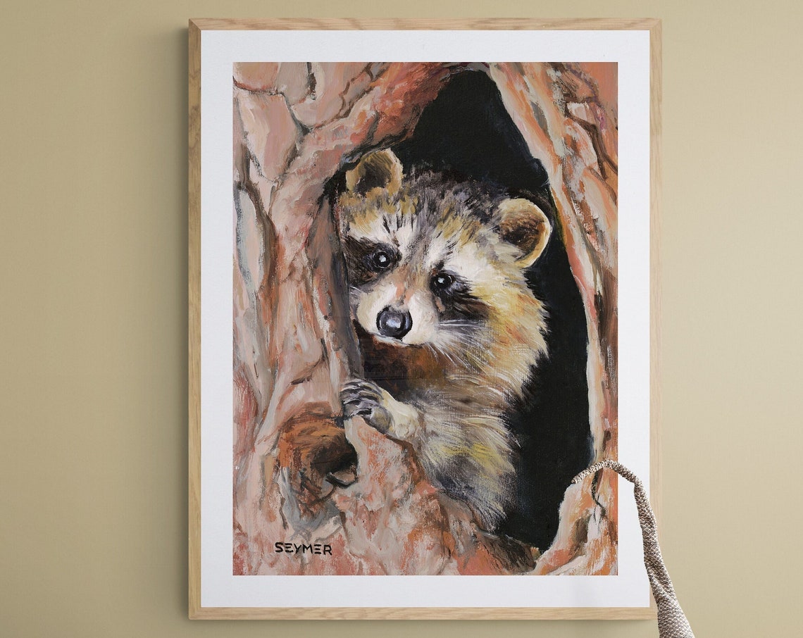 Curious Young Raccoon Peeking Out of a Hollow Tree Trunk Poster - Image 6
