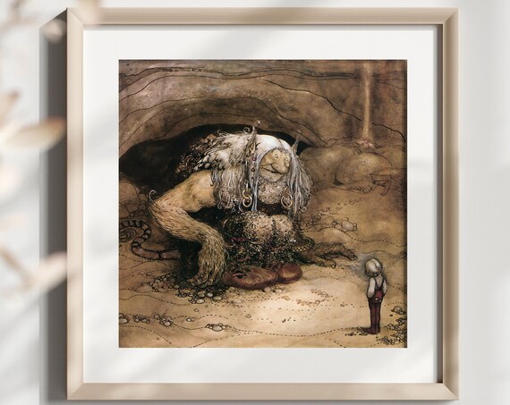John Bauer Swedish Boy Facing Giant Troll Cave Fairytale Poster