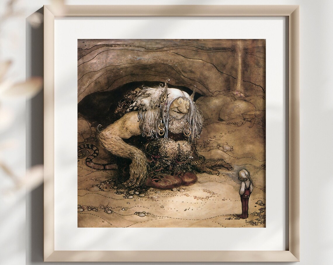 John Bauer Swedish Boy Facing Giant Troll Cave Fairytale Poster