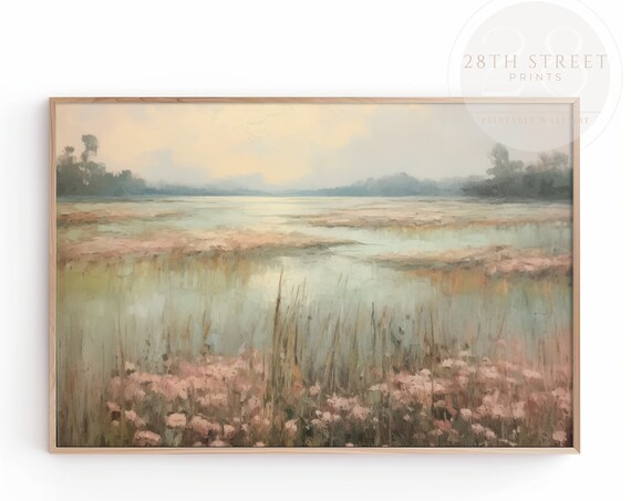Pink Wildflowers Wetland Marsh Soft Pastel Spring Landscape Painting Poster