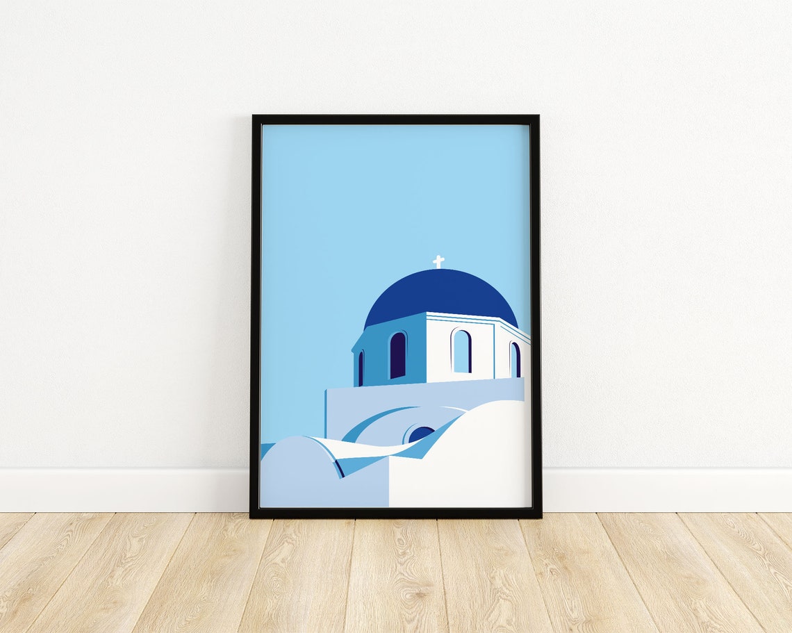 Santorini Blue Dome Church Greek Island Whitewashed Art Poster - Image 3