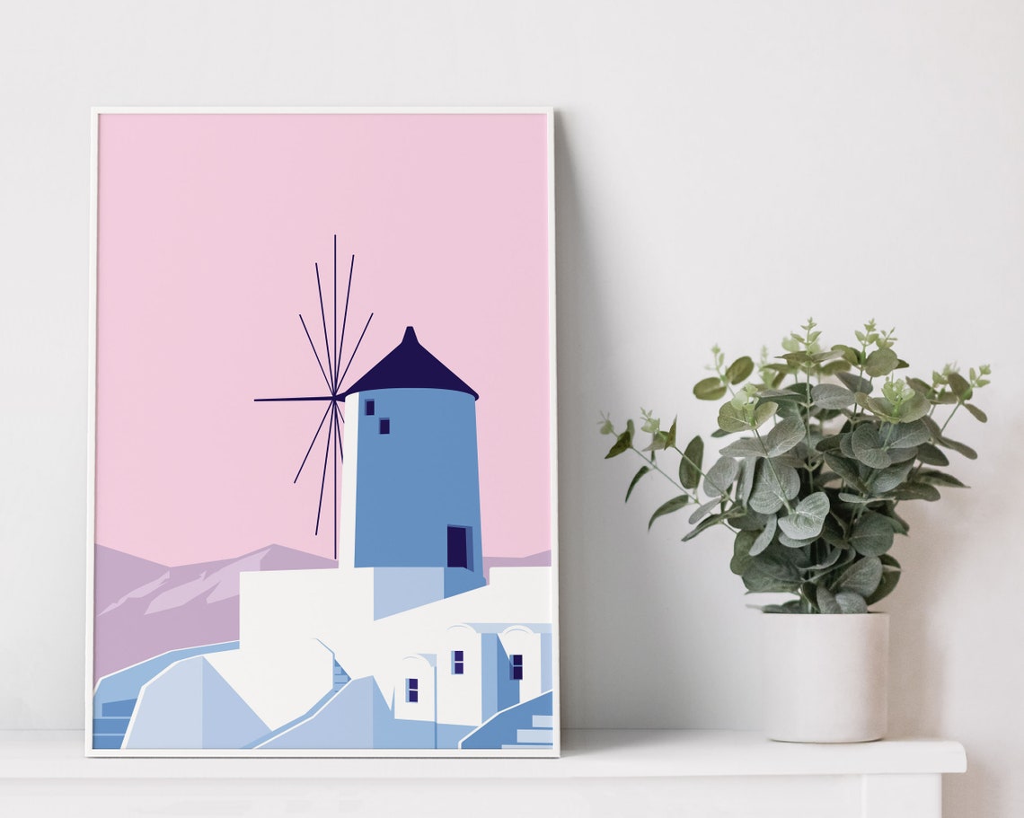 Santorini Windmill Pink Sky Greek Island Travel Art Coastal Poster - Image 2
