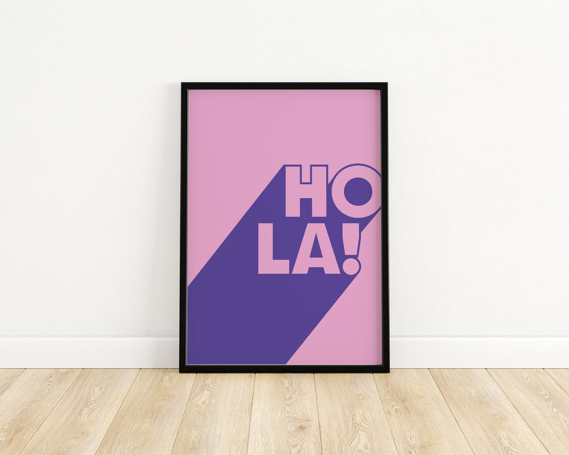 Hola Pink Pop Typography Purple Long Shadow Greeting Art Poster - Image 3