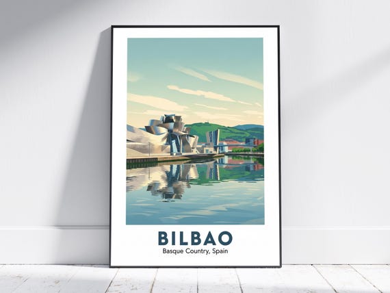Bilbao Travel Art Print Blue Green Modern Cityscape Basque Country Poster Illustration For Living Room And Office Decor