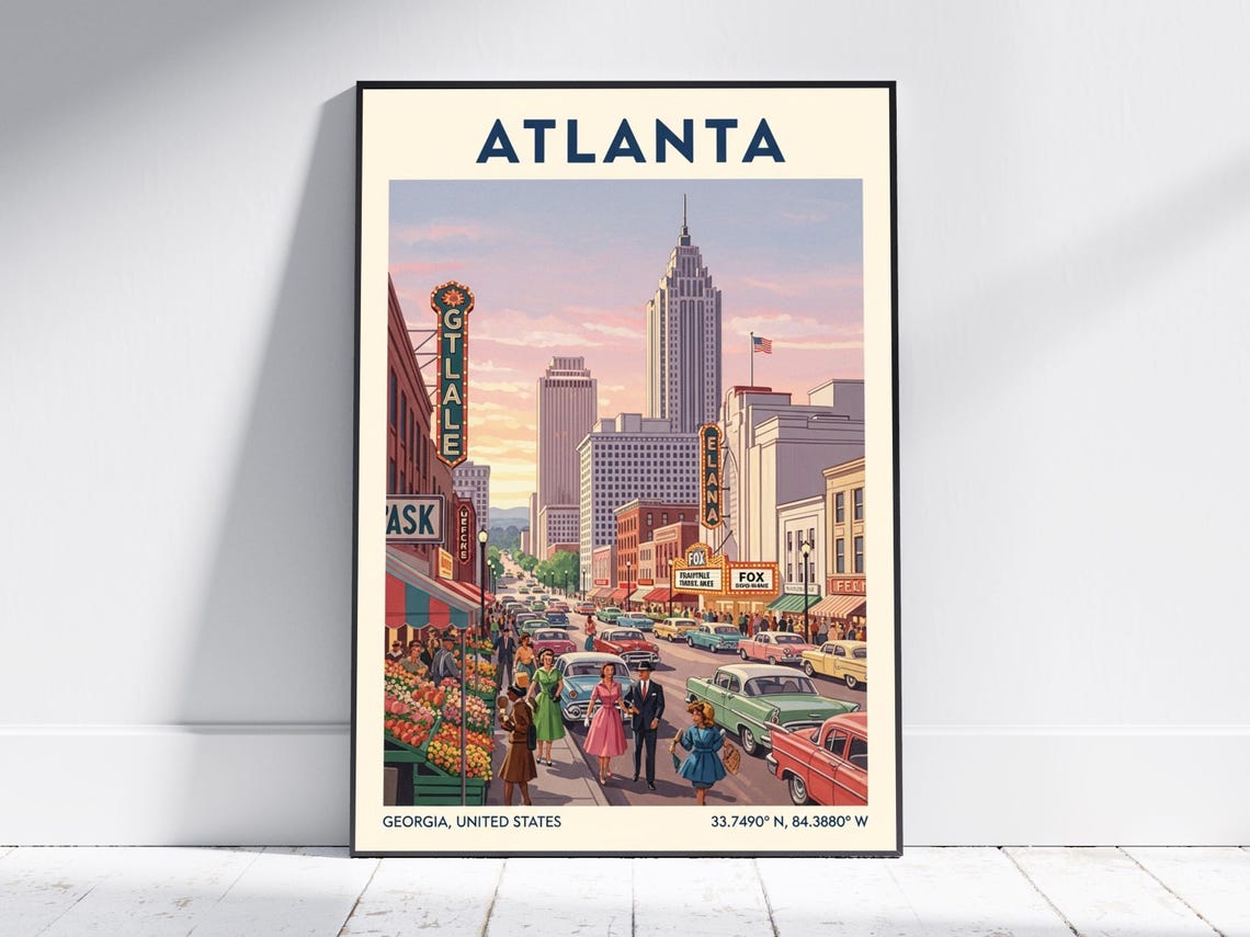 Atlanta Georgia Retro Downtown Theater Vintage Travel Poster