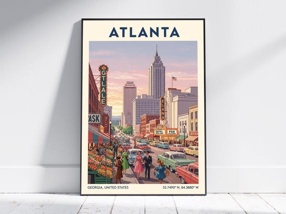 Atlanta Georgia Usa Travel Poster Vintage Wall Art Print Retro Skyline Home Decor For Living Room Or Office Modern Gift