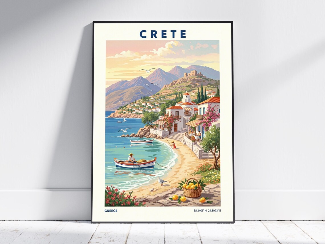 Crete Greece Travel Poster Coastal Village Beach and Fishing Boats Art