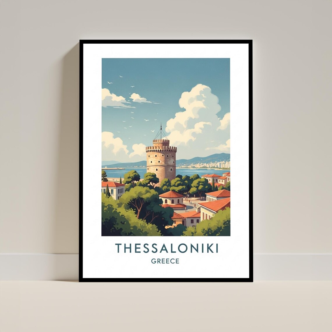 Thessaloniki Greece White Tower Seaside Vintage Travel Art Poster