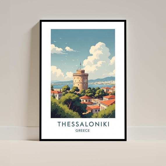 Thessalonikis White Tower Art Print Vintage Travel Wall Poster Blue And Green Red Mediterranean Cityscape