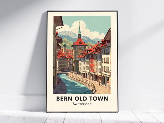Bern Old Town Art Print Vintage Travel Wall Poster Red And Teal European Cityscape Living Room Or Office Decor