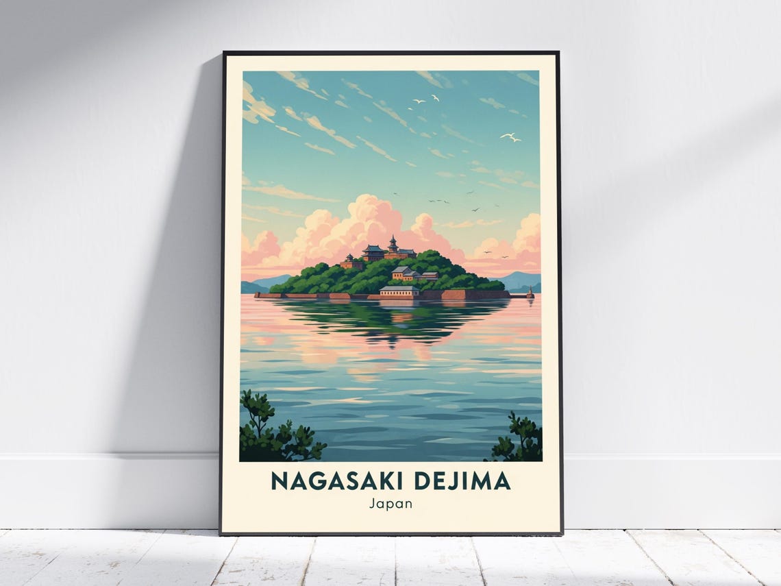 Nagasaki Dejima Island Art Print Vintage Japanese Travel Poster Pink Blue Green And Teal Landscape Living Room Office Decor
