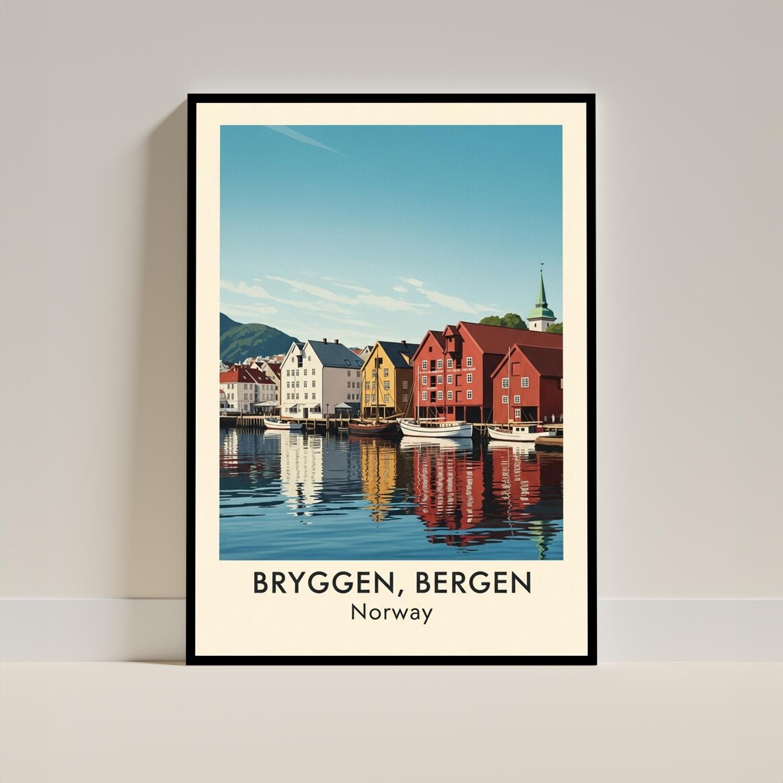 Bryggen Bergen Norway Vintage Wharf Houses Harbor Travel Poster