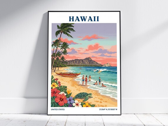Hawaii Diamond Head Beach Surf Palm Trees Tropical Travel Poster
