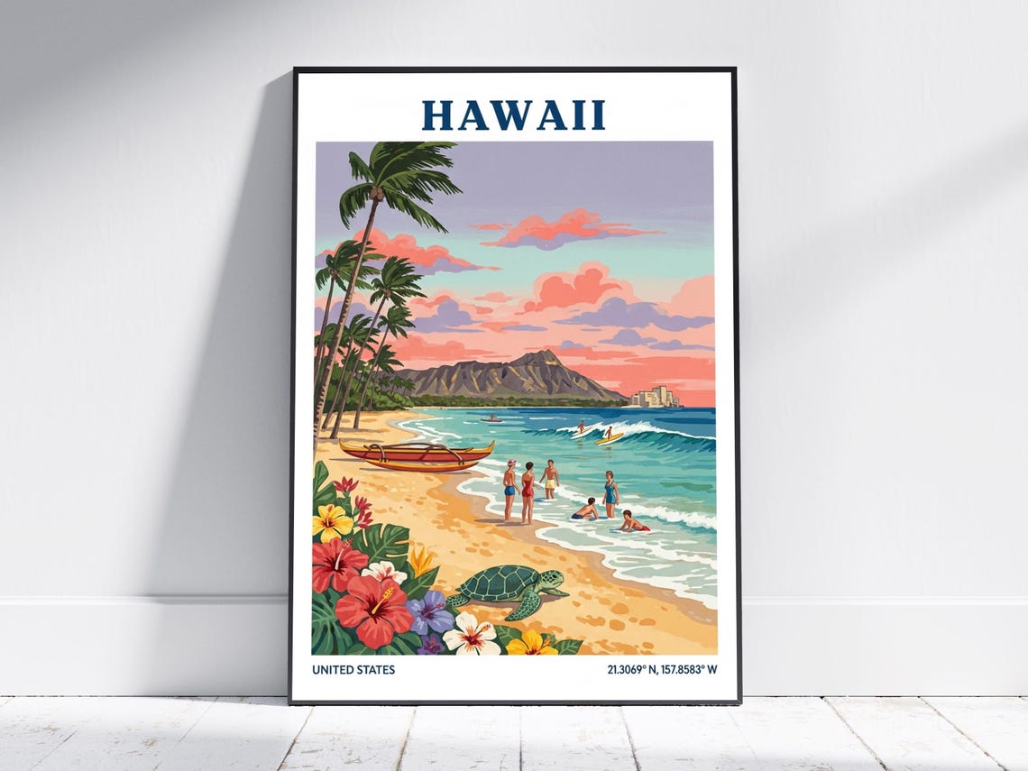 Hawaii Diamond Head Beach Surf Palm Trees Tropical Travel Poster