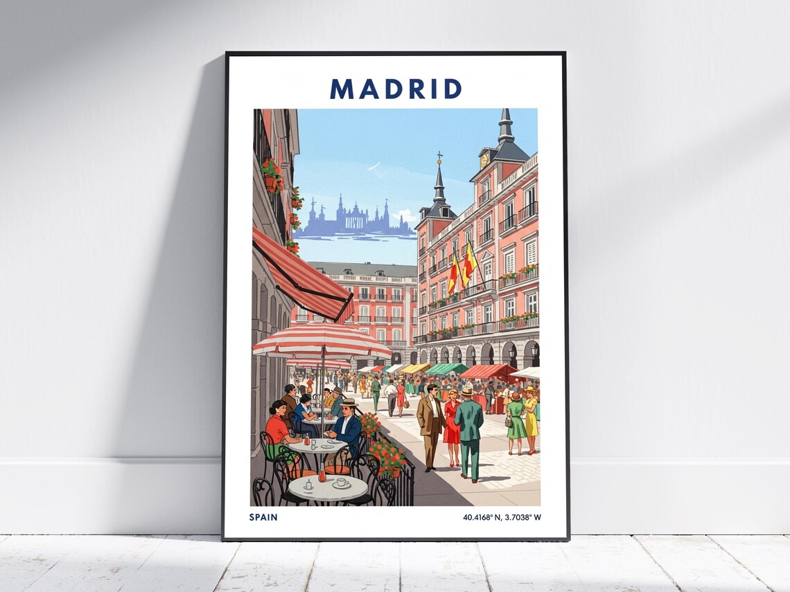 Madrid Plaza Mayor Cafes Umbrellas Vintage Spain Travel Style Poster