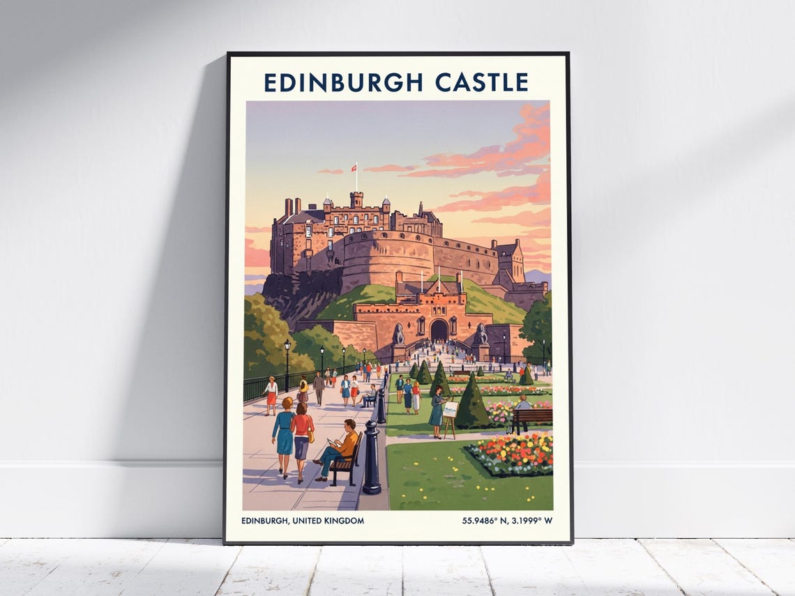 Edinburgh Castle Scotland Vintage Sunset Retro Travel Poster