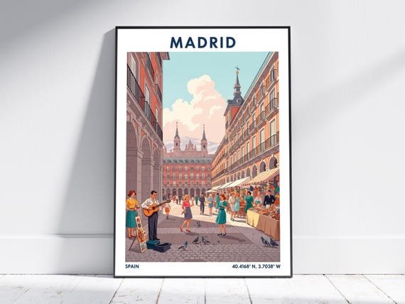 Madrid Plaza Travel Poster Vintage Spanish Wall Art Print For Home Decor Retro Interior Artwork Gift Modern Illustration