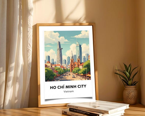 Ho Chi Minh City Skyline Poster Blue And Green Red Orange White Art Vintage Urban Cityscape Travel Wall Decor Living Room
