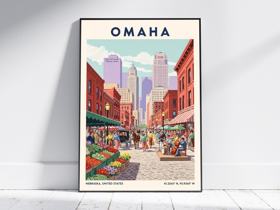 Omaha Nebraska Old Market Street Vintage Retro Travel Poster