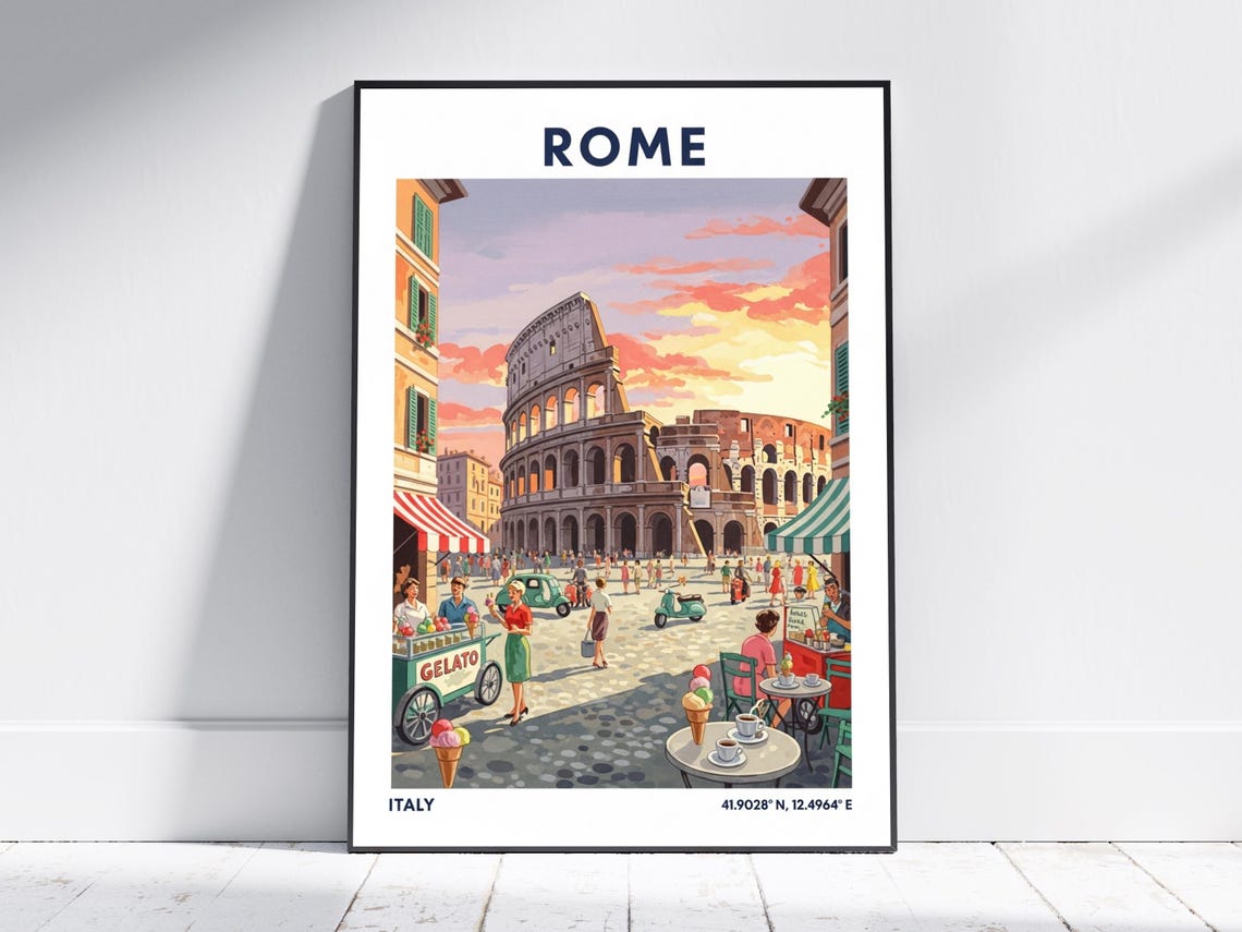 Rome Colosseum Sunset Gelato Carts Vintage Italy Travel Poster Artwork