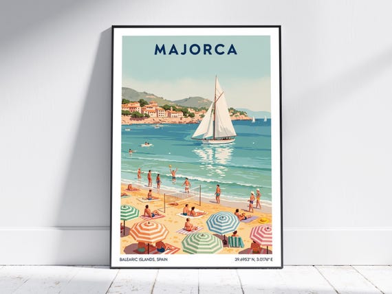 Majorca Beach Travel Poster Vintage Coastal Wall Art Print For Home Decor Retro Spanish Seaside Illustration Travelers
