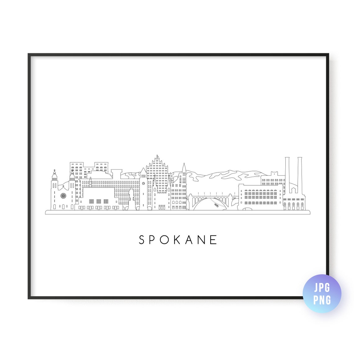 Spokane Wa Skyline Print City Line Art Instant Wall Jpg Png