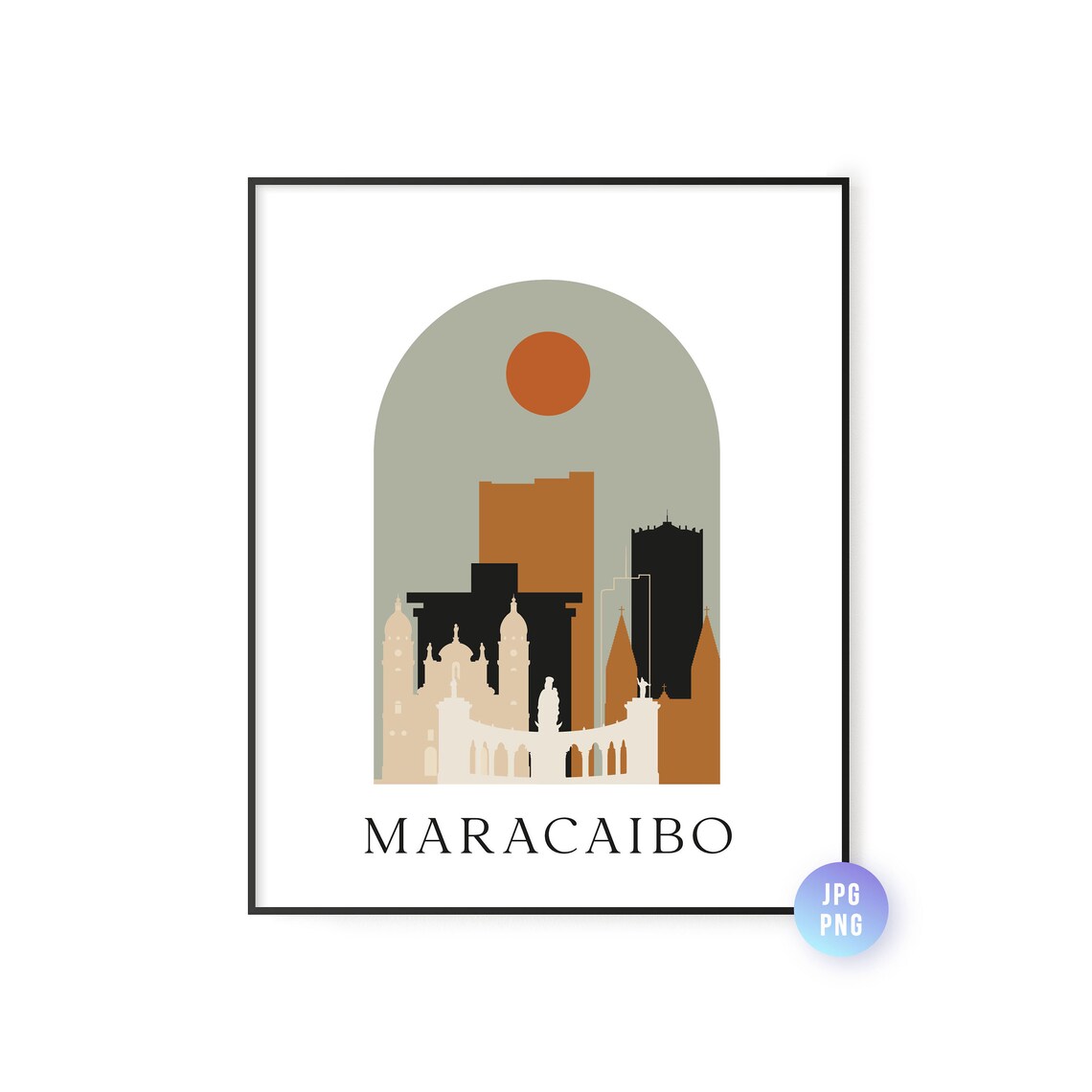 Maracaibo Skyline Boho Travel Poster, Mid-Century Decor