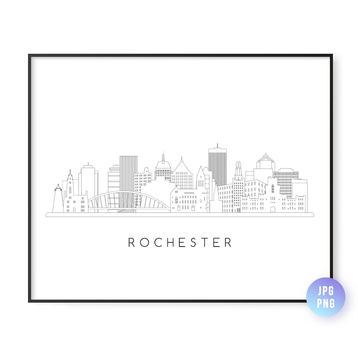 Rochester Skyline Line Art, New York Travel Poster
