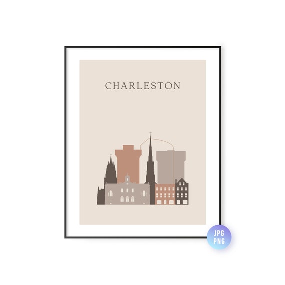Charleston Skyline Print Boho Style South Carolina Art Travel Artwork Modern City Jpg Png