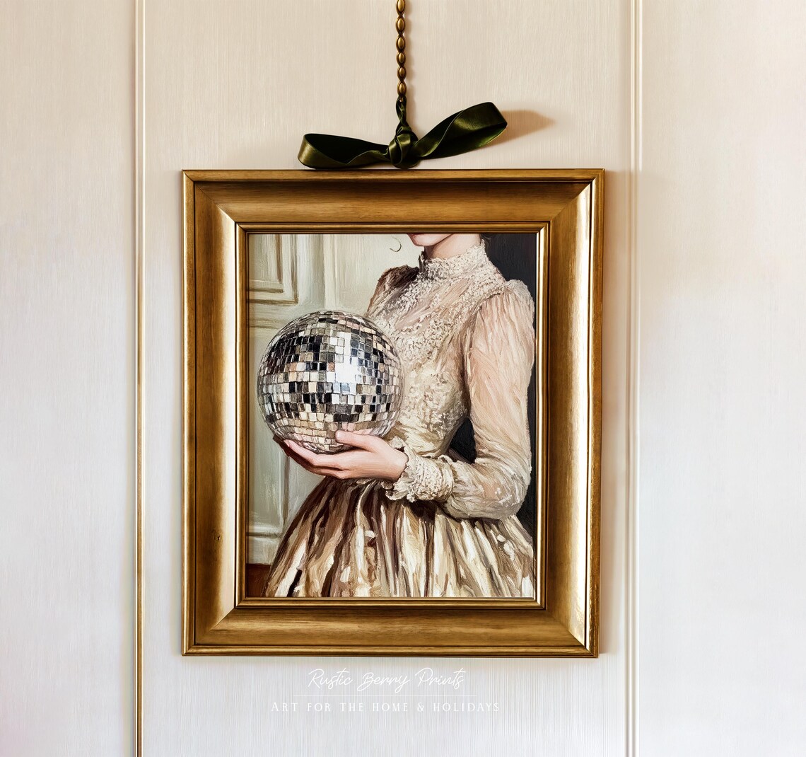 Victorian Lady Beige Lace Dress Holding Disco Ball Art Print - Image 3