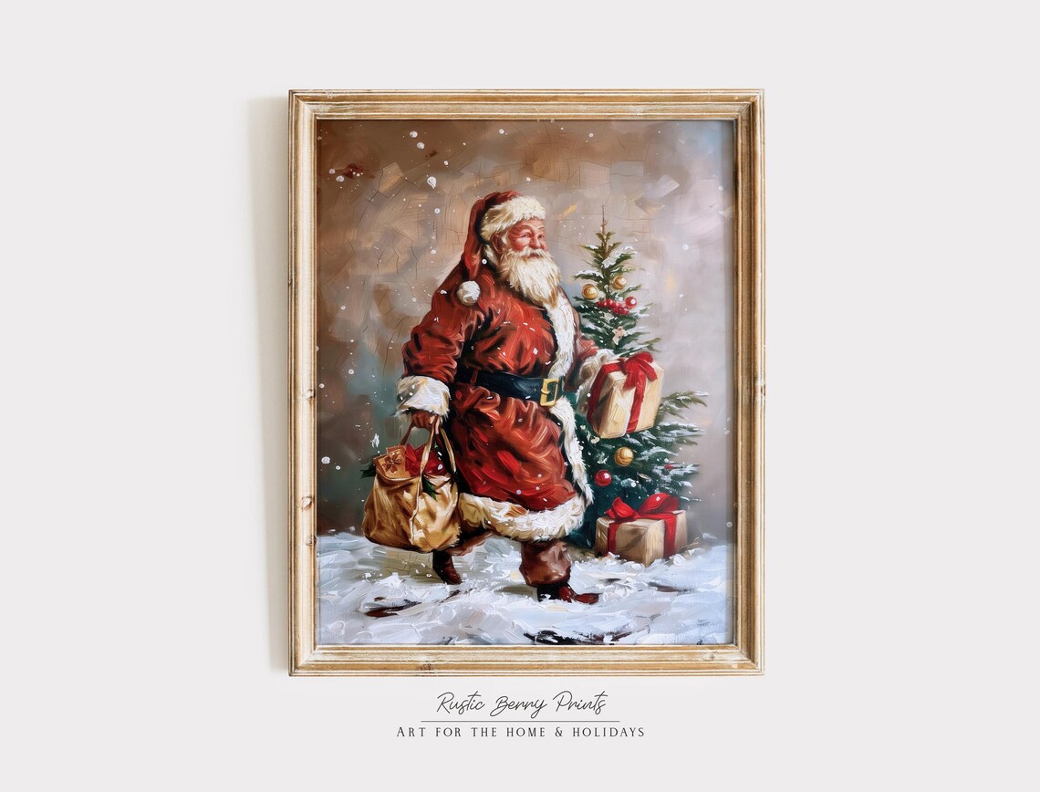 Santa Claus Carrying Gifts Through Snow Vintage Christmas Art Print